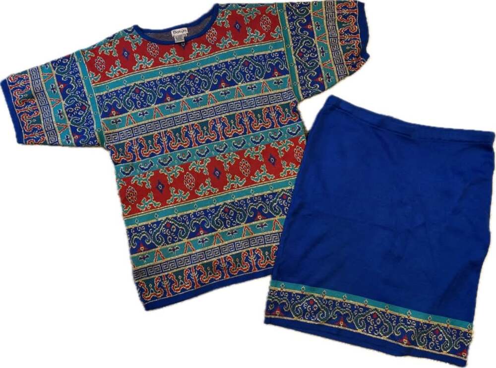 Vintage 80s 90s Batya Knit Two-Piece Skirt Set Moroccan Pattern Metallic Shimmer